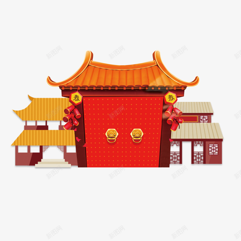 红色喜迎春节中国古典建筑扁平插png免抠素材_88icon https://88icon.com 中国风 古典建筑 扁平 插画 春节 红色 红色喜迎春节中国古典建筑扁平插画免费下载 红色大门 迎新春