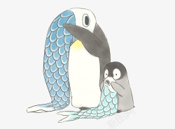 手绘南极企鹅吹大鱼素材