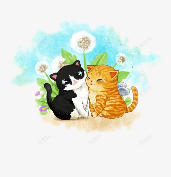 两只小猫咪png免抠素材_88icon https://88icon.com 手绘 猫咪 蒲公英 黄色 黑色