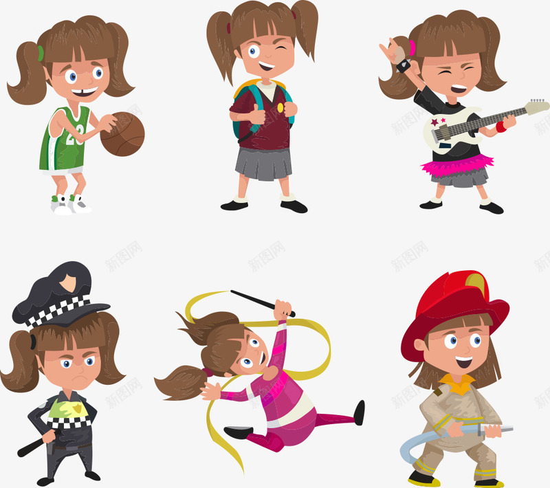 可爱的卡通学生png免抠素材_88icon https://88icon.com 上学 卡通学生 可爱女孩 女孩 玩耍 篮球 警察 跳舞 音乐