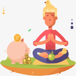 练瑜伽的女士与小猪存钱罐素材