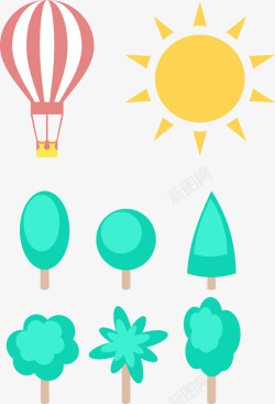 太阳大树热气球矢量图素材