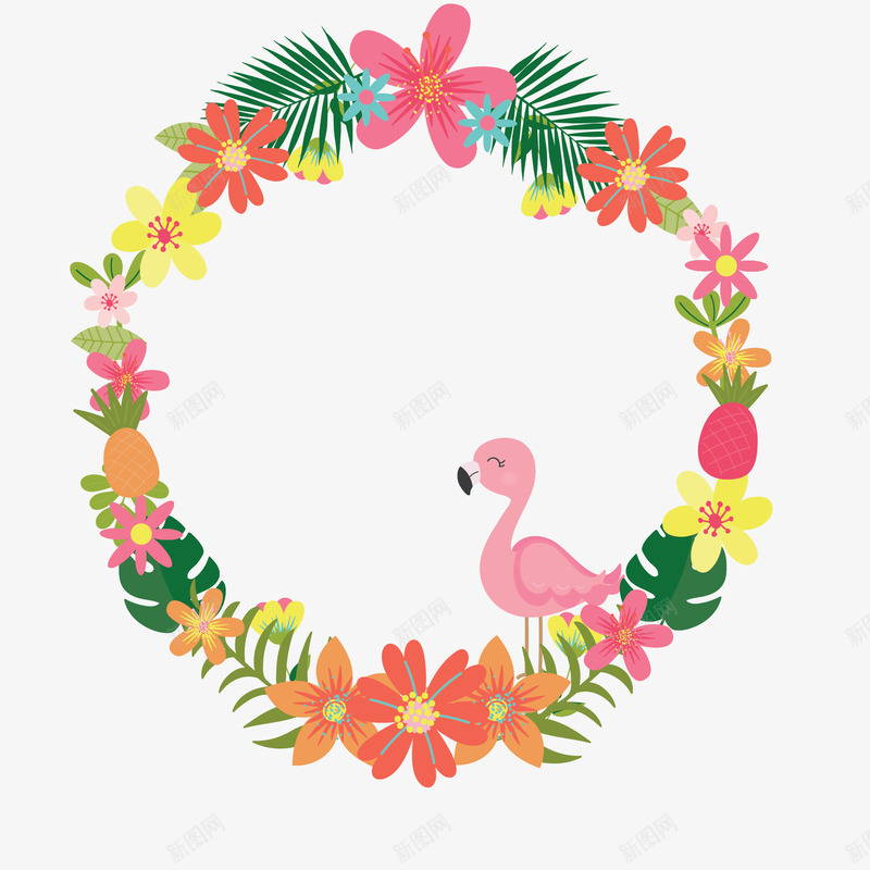 粉色的鸟和美丽花环png免抠素材_88icon https://88icon.com 叶子 圆环 粉色小鸟 花卉 花朵 花环 装饰