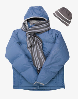 蓝色冬季保暖连帽围巾羽绒服女实素材