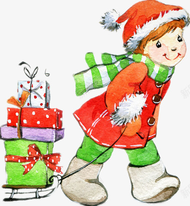 滑雪的小孩png免抠素材_88icon https://88icon.com 可爱 圣诞节元素 彩绘的小男孩 礼品盒