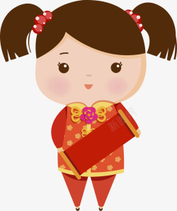 春节服饰春节拿着春联的小女孩高清图片