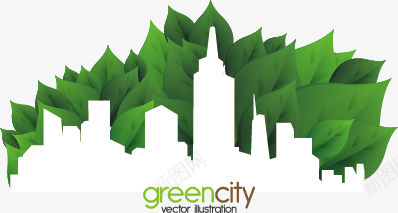 绿色叶子与城市剪影png免抠素材_88icon https://88icon.com 城市剪影 环保主题 生态环保 绿叶 绿色叶子与城市剪影矢量素材 绿色环保 节能环保