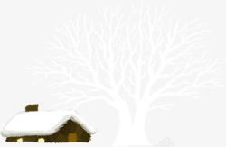 手绘冬季大树房屋装饰素材