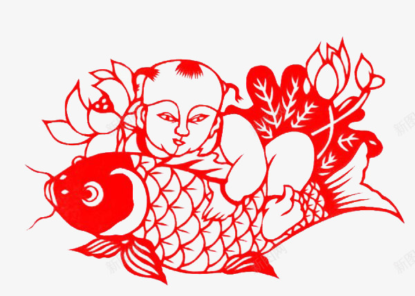 年年有鱼剪纸png免抠素材_88icon https://88icon.com 剪纸 年年有鱼 春节 民俗 红色 节日