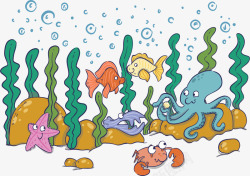 海草里的卡通海洋生物矢量图素材