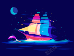 夜间航行的卡通帆船素材