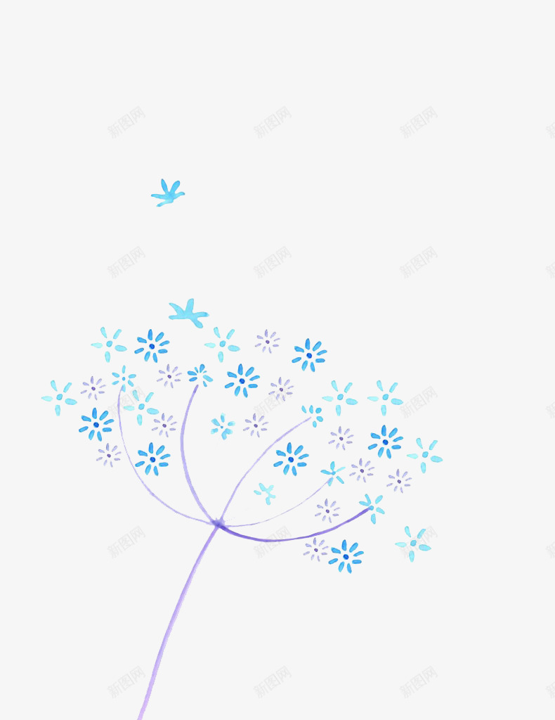 蓝色蒲公英小花png免抠素材_88icon https://88icon.com 手绘 漂浮 花卉 蒲公英 蓝色 风 风吹效果