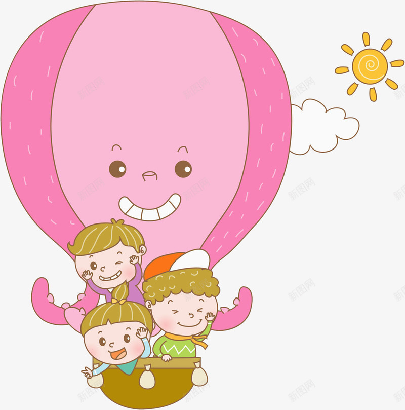 卡通热气球上的孩子png免抠素材_88icon https://88icon.com 可爱 女生 惊险 挥手的 插图 漂浮的 男生 高兴地