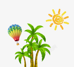 春季椰树热气球和太阳装饰手绘素材
