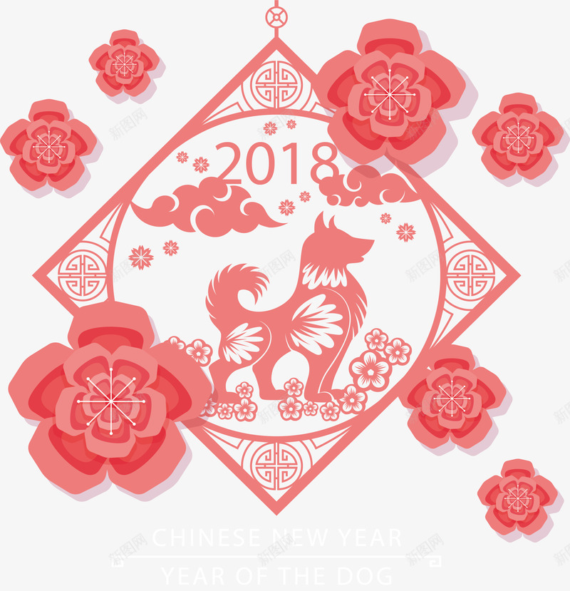 2018粉色可爱狗年窗花门联png免抠素材_88icon https://88icon.com 2018 中国风 卡通狗 狗年 狗年快乐 狗形象 祥云 窗花 粉色 花朵 门联