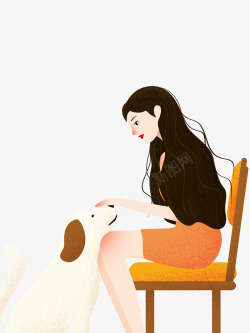 女坐在椅子上卡通手绘坐在椅子上和狗狗玩高清图片