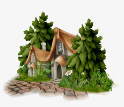 手绘房屋与大树素材