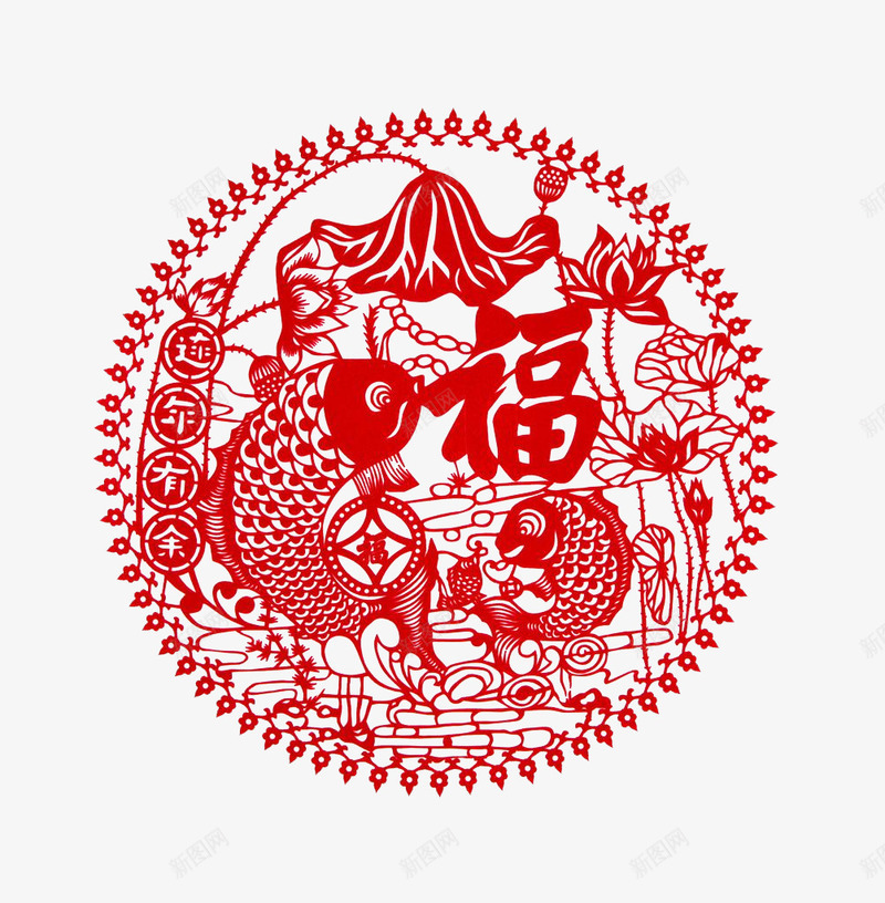 福字剪纸年年有鱼剪纸png免抠素材_88icon https://88icon.com 中国风 动物 年年有鱼 春节 福字 红色 花 荷花 鱼