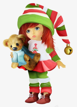 卡通圣诞可爱女孩抱小熊玩偶素材