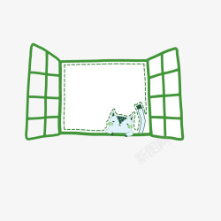 卡通绿色窗户小猫开窗素材