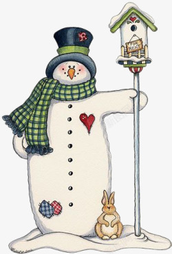 方格围巾手绘雪人小房子高清图片