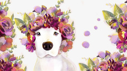 紫色花丛卡通手绘站在花丛里的狗狗高清图片