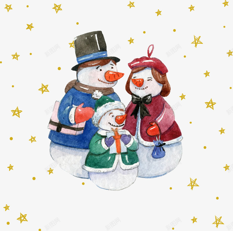 手绘圣诞节雪人一家人png免抠素材_88icon https://88icon.com 卡通 可爱 快乐 手绘 温馨 金色星星 雪人圣诞节