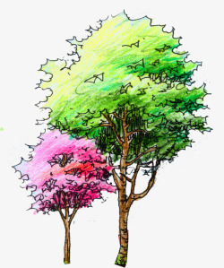 手绘彩色春日大树场景素材