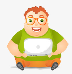 卡通大肚子男人抱着电脑素材