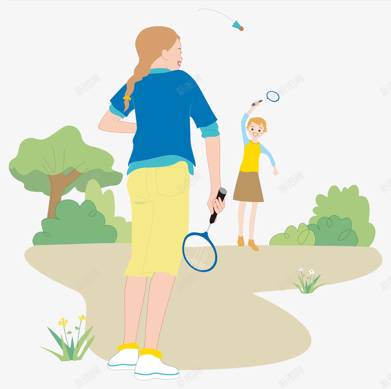 打羽毛球的人png免抠素材_88icon https://88icon.com 卡通 场景 大树 女人 球赛 蓝色 运动 高兴地
