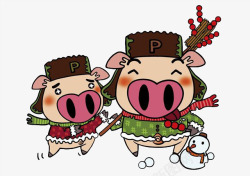 两只雪人卡通小猪带丝巾高清图片