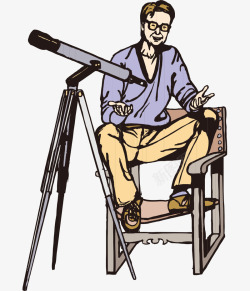 卡通手绘坐椅子上望远镜男人素材