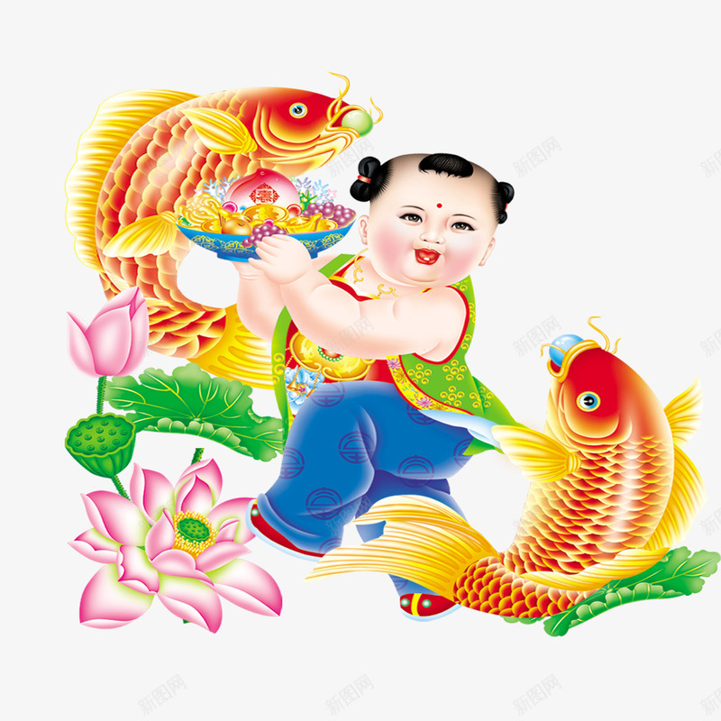 春节年画png免抠素材_88icon https://88icon.com 莲花 莲蓬 金元宝 鲤鱼