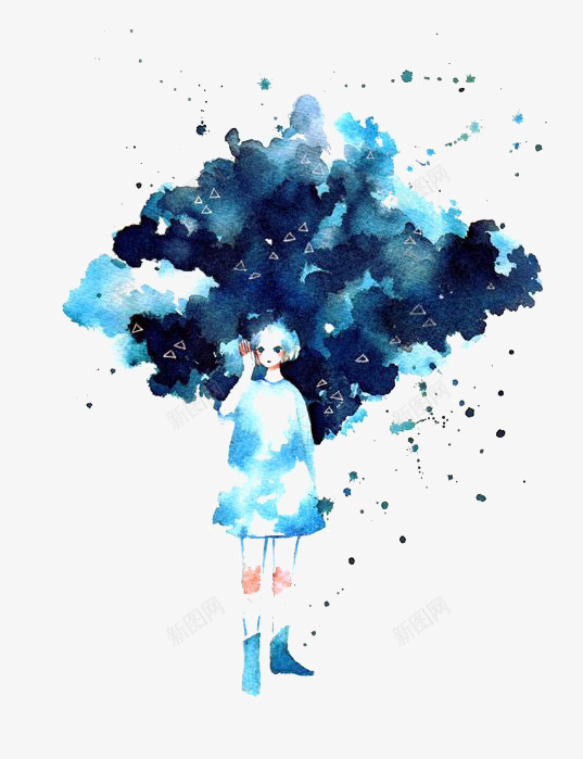 蓝裙女孩png免抠素材_88icon https://88icon.com 创意女生 创意蓝色水墨女孩插画 卡通女孩 水彩女孩