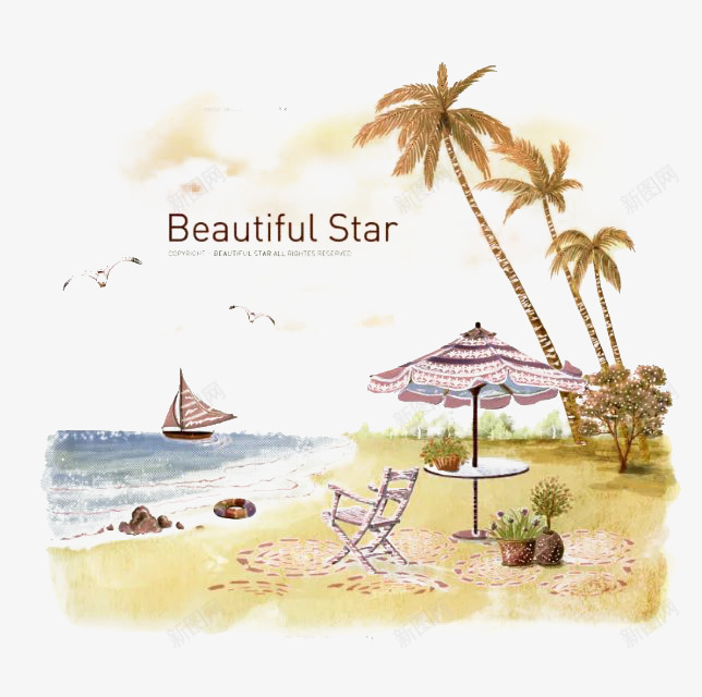 海边美景一角png免抠素材_88icon https://88icon.com 帆船 椅子 椰子树 遮阳伞