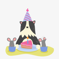 偷吃蛋糕小老鼠彩绘生日猫咪和蛋糕高清图片