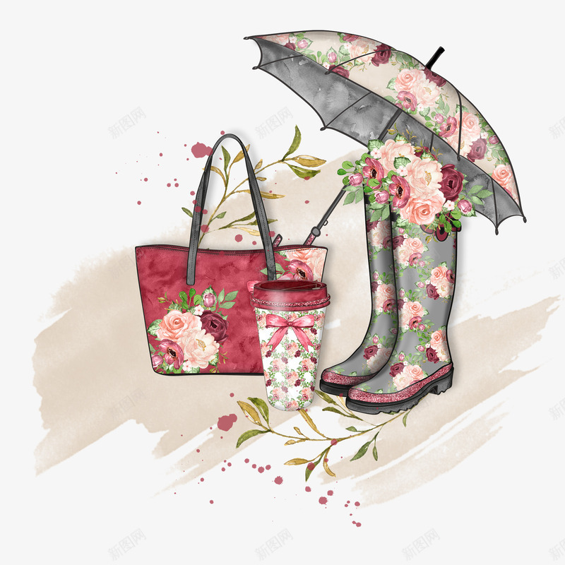 印花图案的雨鞋和雨伞png免抠素材_88icon https://88icon.com 印花图案 手绘图 美丽的 花朵 装饰 雨伞 雨鞋