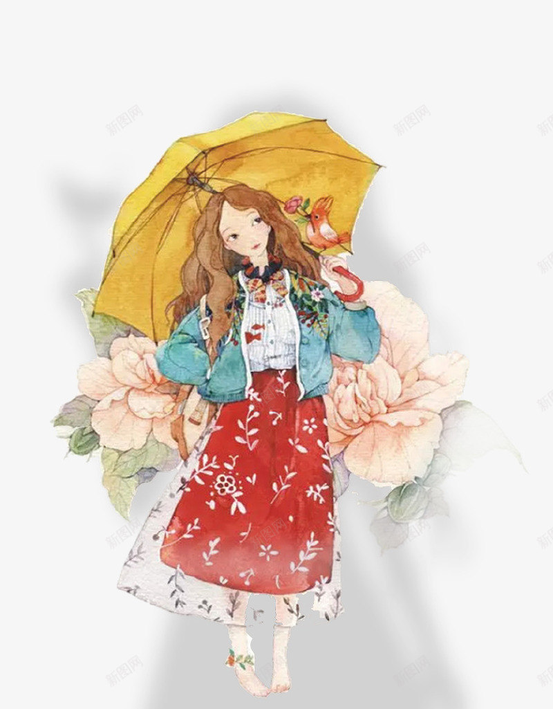 卡通手绘美丽花朵少女插画png免抠素材_88icon https://88icon.com 卡通手绘 少女 插画 撑伞 美丽 花朵 裙子 长发