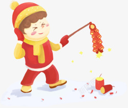中国习俗手绘新年放鞭炮人物高清图片