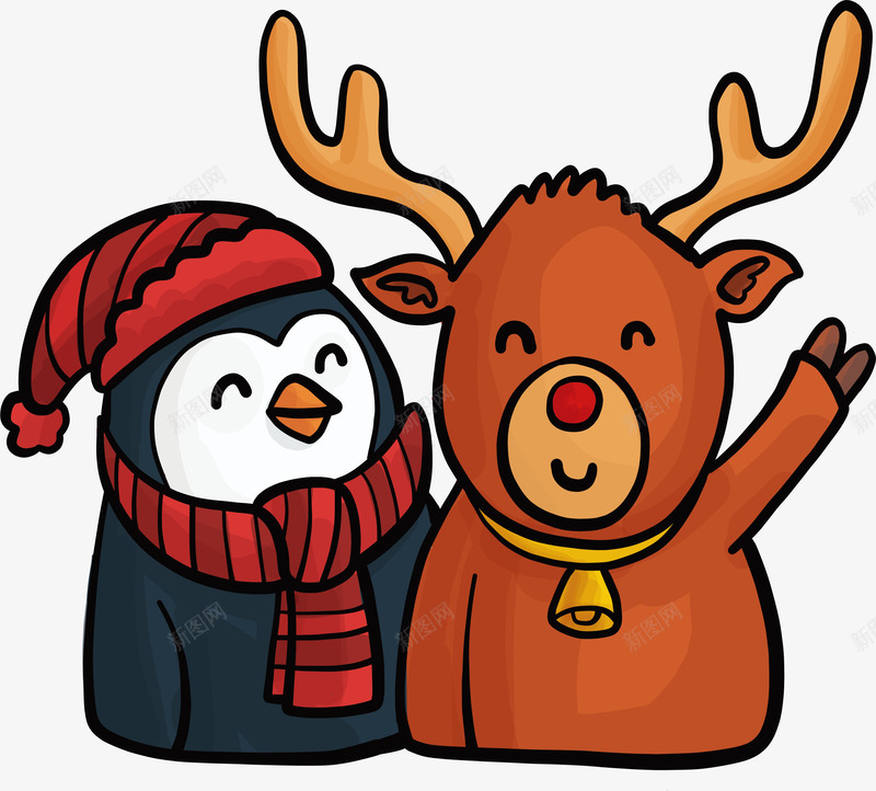 圣诞节卡通手绘企鹅驯鹿png免抠素材_88icon https://88icon.com 圣诞企鹅 圣诞快乐 圣诞节 圣诞驯鹿 开心圣诞 矢量png