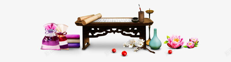 书房用品png免抠素材_88icon https://88icon.com 书房 书桌 卷轴 古代书桌 毛笔 荷花 香囊