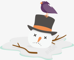 开心的小鸟冬季融化的白色雪人高清图片