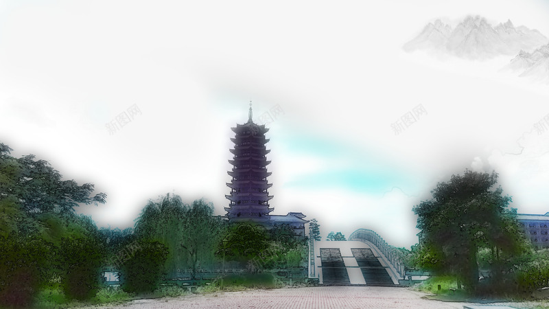 阴雨景色psd免抠素材_88icon https://88icon.com 中国风格 山水画 景色 清明节 绿色 阴雨