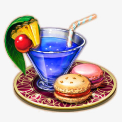 蓝色饮品马卡龙手绘下午茶素材