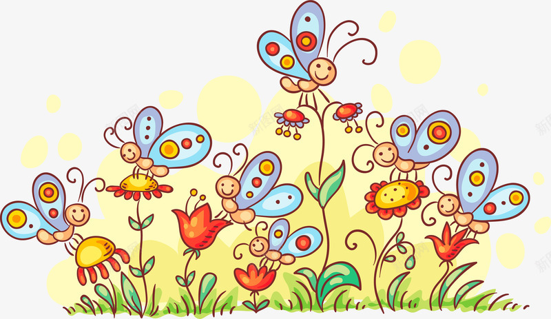 蝴蝶采蜜手绘图案png免抠素材_88icon https://88icon.com 卡通 可爱的 美丽的 翅膀 花丛 花朵 蝴蝶 飞舞