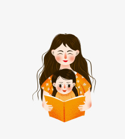 母爱插画设计卡通手绘看书的母女插画高清图片