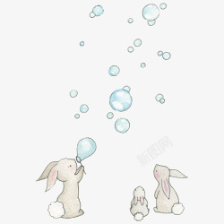 蓝色球体背景手绘兔子吹泡泡高清图片