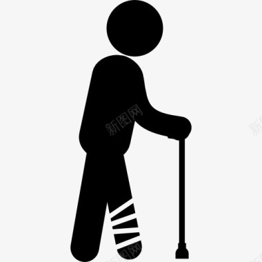 绷带人走路的腿断了用绷带和拐杖支撑图标图标