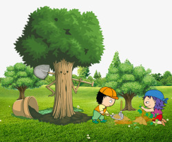 手绘卡通植树造林关爱环境素材