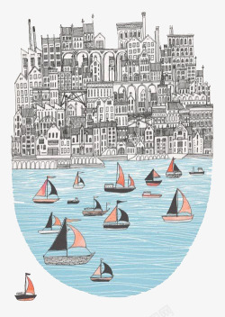 城市帆船建筑主题插画素材
